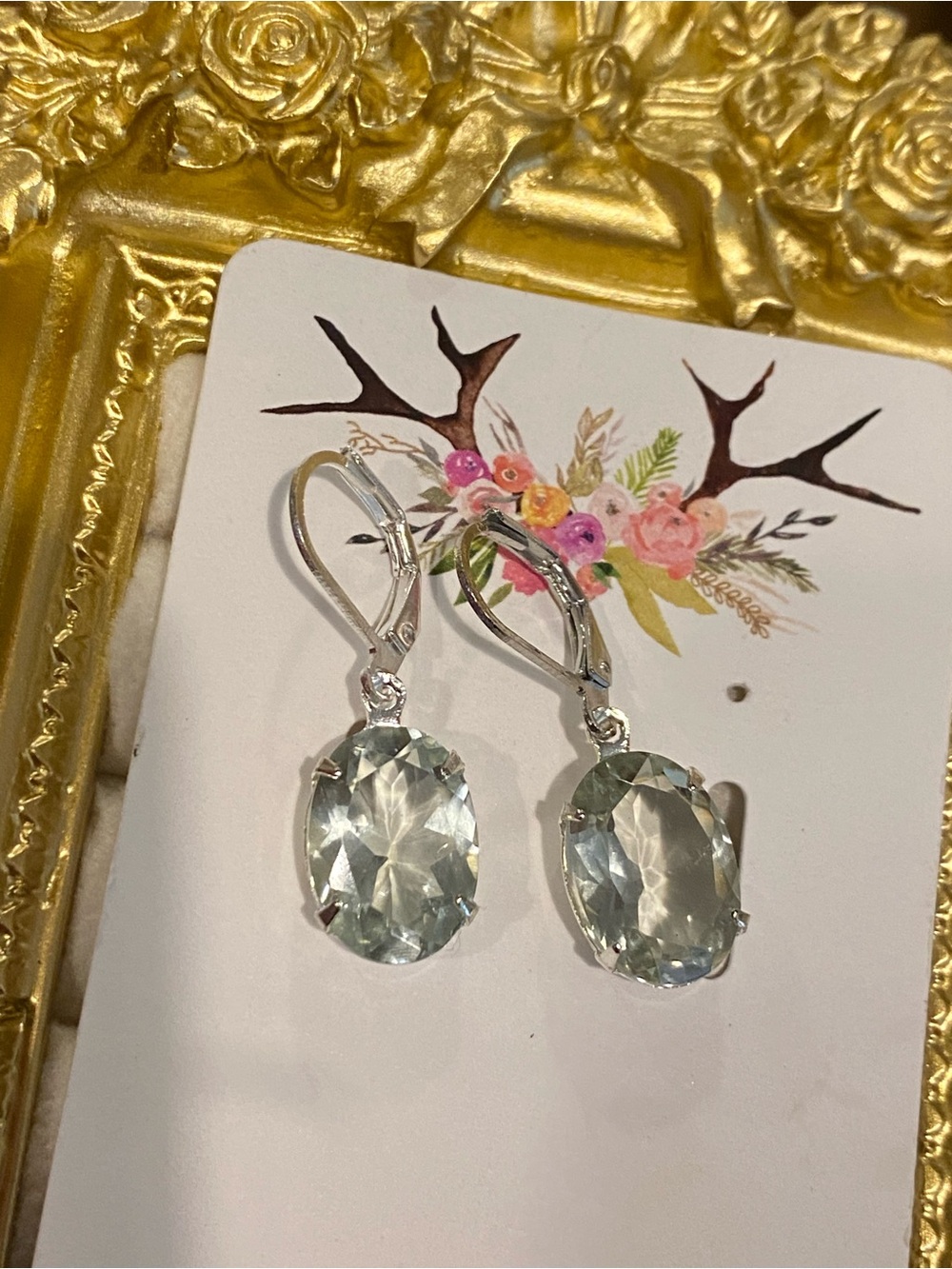 Silver Green Amethyst Oval Drop Earrings - Picture 6 of 6